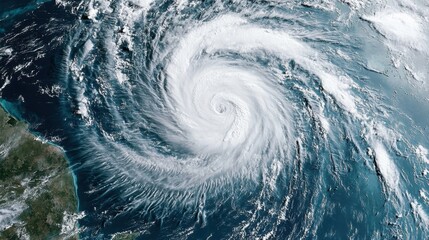 A panoramic image of Hurricane Florence from orbit, the massive storm system dominating Earth surface, with white clouds spiraling outward and the ocean visible beneath, emphasizing scale and detail