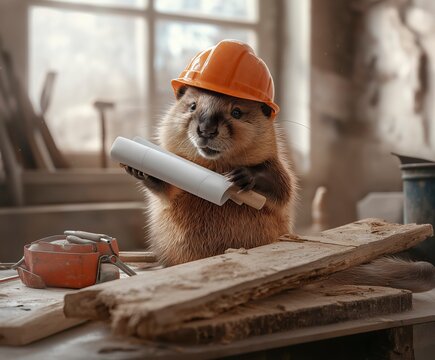 Hardworking beaver wearing an orange helmet focuses on a blueprint in a rustic workshop filled with tools and wood. Generative AI