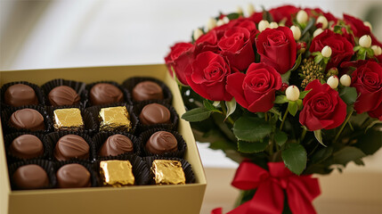 A large bouquet of red roses next to a box of exclusive chocolates wrapped in gold foil, arranged in a gift box with a red ribbon. AI generated images.	