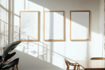 3 posters with leaf shapes on the wall of an elegant living room, a white sofa and colorful pillows