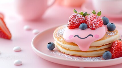 Adorable Pink Pancakes with Strawberries and Blueberries