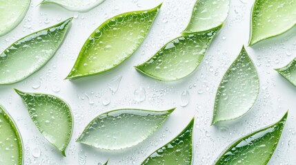 Obraz premium A refreshing arrangement of aloe vera leaves, with their gel-filled texture and water droplets highlighted against a bright white background