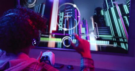 Playing video game, man using controller and pointing at futuristic screen - Powered by Adobe