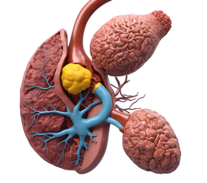 3D rendering of the human pancreas, gallbladder, and spleen model. It's a cool illustration!