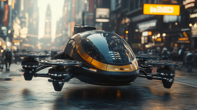 Futuristic Flying Vehicle Soaring Above a City Street