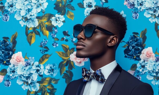 Stylish African Man in Sunglasses and Bow Tie with Blue Floral Background, Contemporary Pop Art Portrait, Generative AI - Powered by Adobe