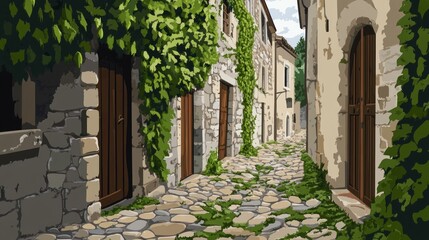 Fototapeta premium Sunlit stone street, ivy-covered houses.