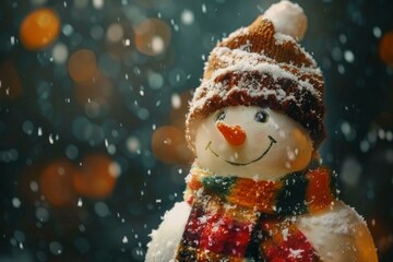 Fototapeta premium Smiling snowman wearing a hat and scarf under the falling snow with christmas lights in the background