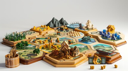 A Settlers of Catan game set with hexagonal tiles, cards, and player pieces, displayed on white.