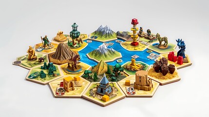 A Settlers of Catan game set with hexagonal tiles, cards, and player pieces, displayed on white.