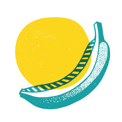 Banana with geometric shape. Colorful cute screen printing effect. Riso print. Vector illustration. Graphic element for print