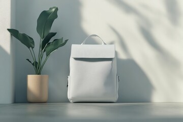 Minimalist design of a white backpack and potted plant indoors