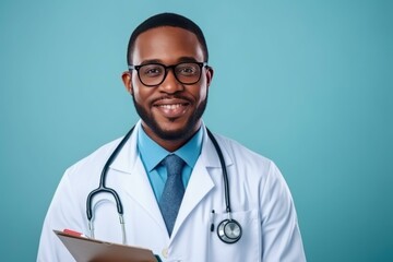 Fototapeta premium Confident medical professional smiling while holding a patient chart, showcasing expertise and care in healthcare