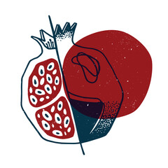 Pomegranate with geometric shape. Colorful cute screen printing effect. Riso print. Vector illustration. Graphic element for print