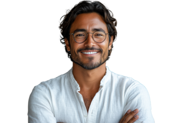 A cheerful man with glasses and a friendly smile, wearing a white shirt, embodying confidence and approachability in a natural and engaging pose.