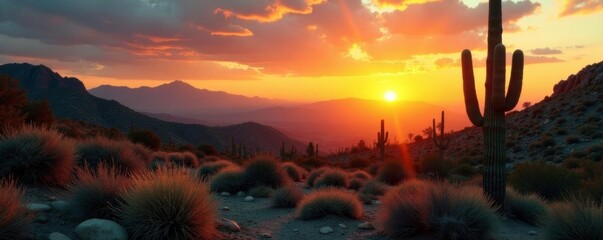 Desert sunset with cactus landscape and fading light, grain, leaks, green