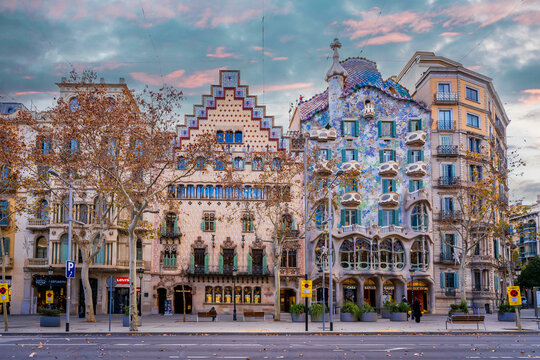 Barcelona, Spain - January 16, 2025 : The Casa Batllo view on the Gracia Street of Barcelona