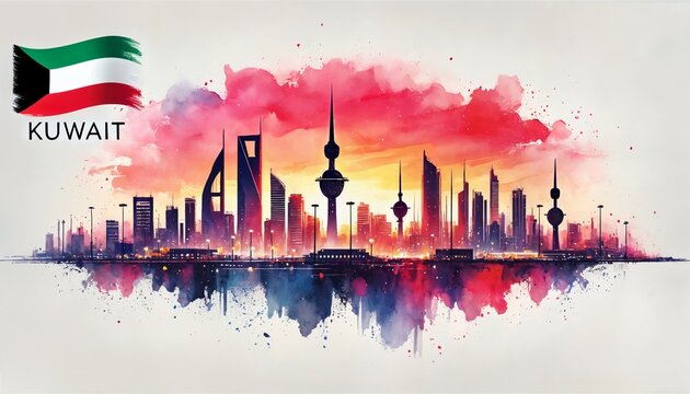 Kuwait national day poster design with kuwait city skyline.