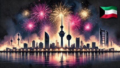 Kuwait national day poster design with city skyline silhouette and fireworks.