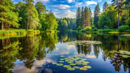 Obraz premium Serene lake scene with blooming lily pads reflected in calm water surface