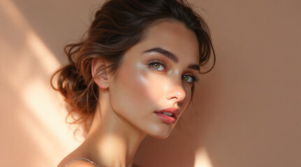 A close-up of a beautiful female model illuminated by natural sunlight on a warm background. Ideal for fashion, beauty campaigns, skincare promotions, and other promotion.