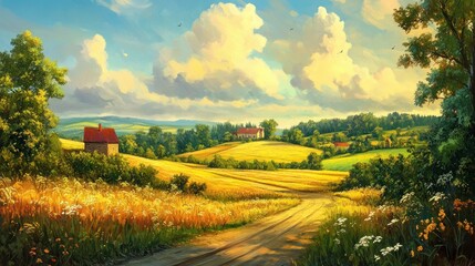 Serene Summer Countryside: Golden Fields and Rolling Hills
