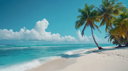 Serene Tropical Beach with Clear Turquoise Water, White Sand, Lush Palm Trees, and Beautiful Cloudy Sky in a Remote Exotic Paradise Setting