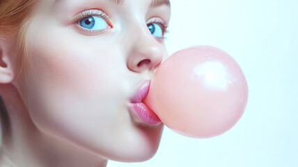 Naklejka premium woman with blue eyes blows pink bubble gum balloon, close up