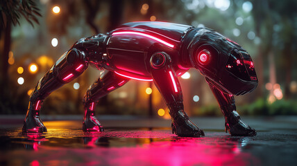Fototapeta premium Cyberpunk Robotic Dog in a Neon City at Night