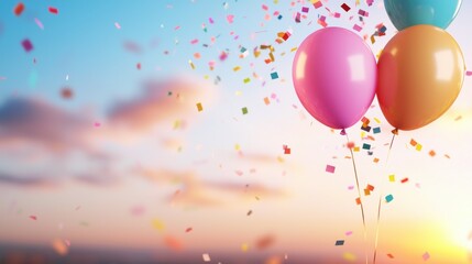 confetti balloon colourful Background Vibrant balloons with colorful confetti, floating against a sunset backdrop, romantic and festive.