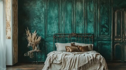Elegant bedroom with teal wall, metal bed, and beige bedding.