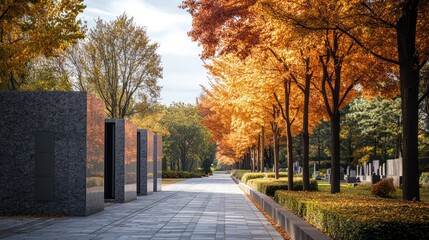 a modern cemetery with simple monolithic gray granite walls built along the road