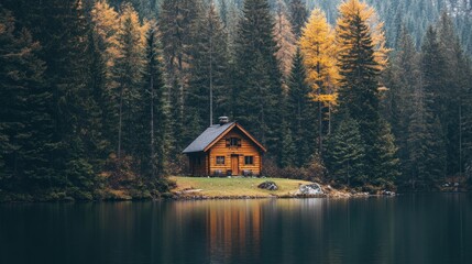 Fototapeta premium Secluded Cabin by the Lake in the Autumn Woods