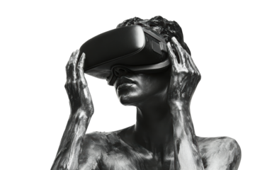 A figure wearing a virtual reality headset, showcasing innovative technology and immersive experiences in a striking visual style.