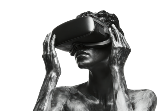 A figure wearing a virtual reality headset, showcasing innovative technology and immersive experiences in a striking visual style.