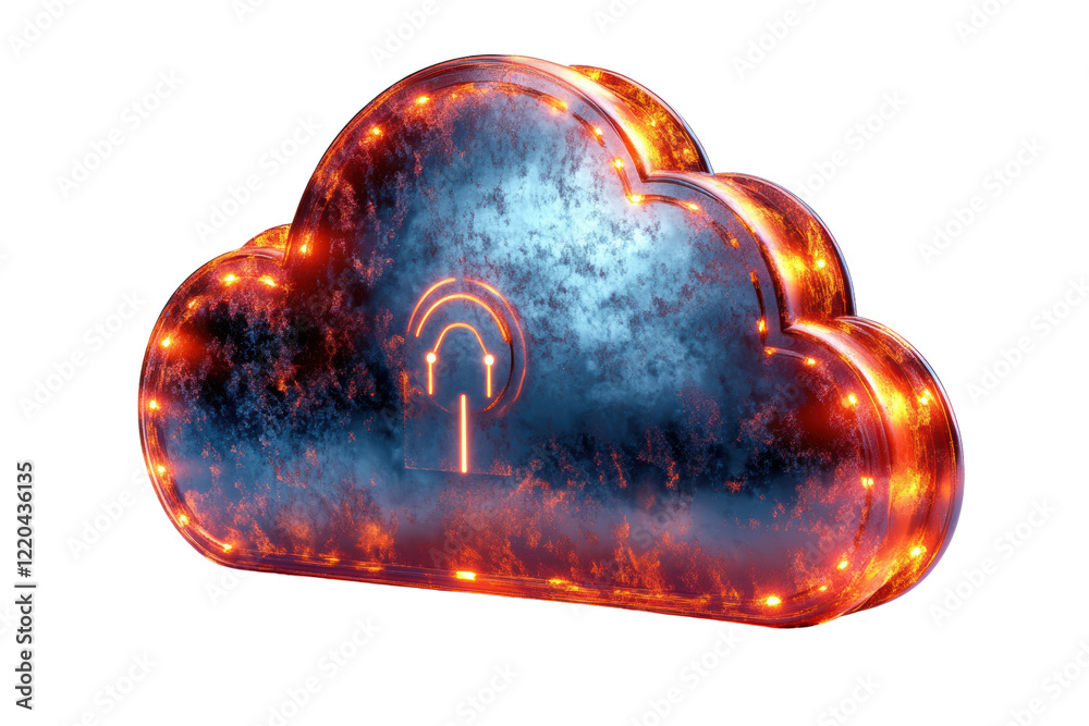 Poster A futuristic glowing cloud symbol representing cloud computing and technology. It features a metallic blue texture with vibrant orange lights.