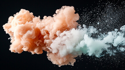 Abstract Peach, White, and Mint Smoke Clouds on Black Background An Artistic Visual Composition