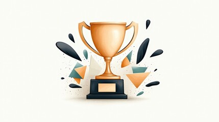 Golden Trophy Illustration with Vibrant Geometric Shapes and Splashes on Light Background