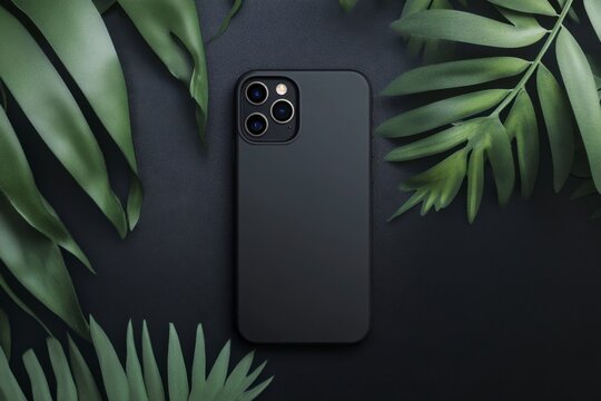 Black Smartphone Case Surrounded by Lush Green Palm Leaves - Powered by Adobe