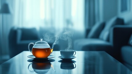 A glass teapot filled with hot herbal tea, placed on an elegant wooden tray in the middle of a minimalist room, the simplicity of enjoying herbal tea or green tea for health