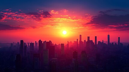 Fototapeta premium Cityscape Silhouette at Vibrant Sunset Glow