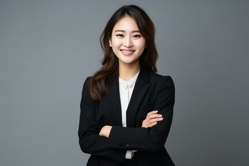 Fototapeta premium Studio portrait of a confident young asian businesswoman smiling with crossed arms on a gray background
