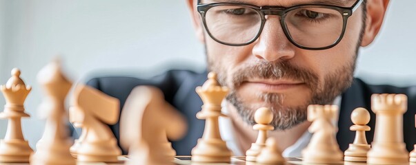 Chess grandmaster analyzing a board, strategic thinking and intellectual focus