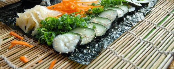 The art of sushi making  crafting rolls with fresh fish and vegetables on a bamboo mat