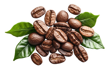 Fresh roasted coffee beans with leaves, isolated on white background png transparent clipart.