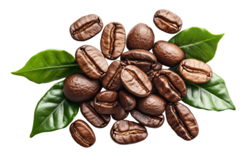 Fresh roasted coffee beans with leaves, isolated on white background png transparent clipart.