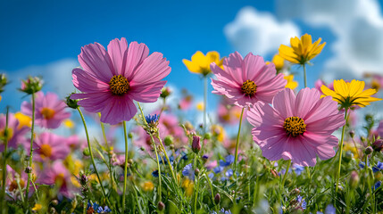 Fototapeta premium A field of flowers with a blue and yellow flower in the foreground. The field is full of flowers of different colors and sizes