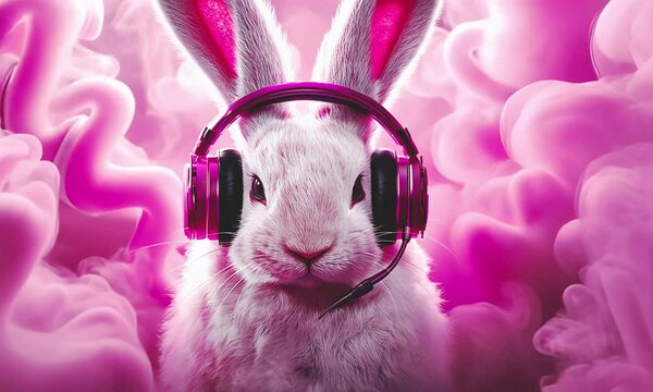 Cute bunny with headphones, music vibes.