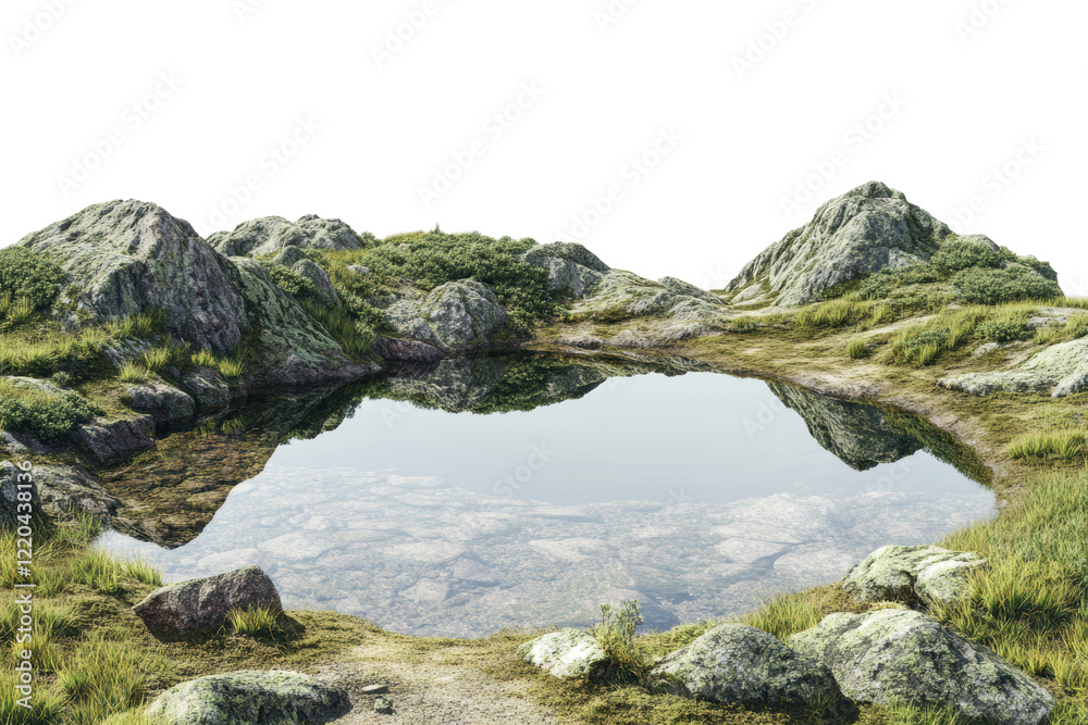 Poster a serene mountain landscape featuring a calm reflective pond surrounded by rugged rocks and lush gre