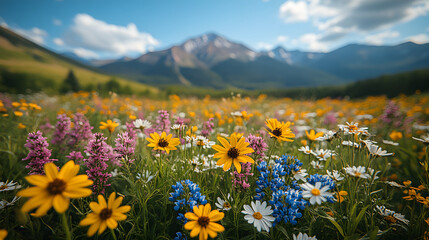 Obraz premium A field of flowers with a blue and yellow flower in the foreground. The field is full of flowers of different colors and sizes